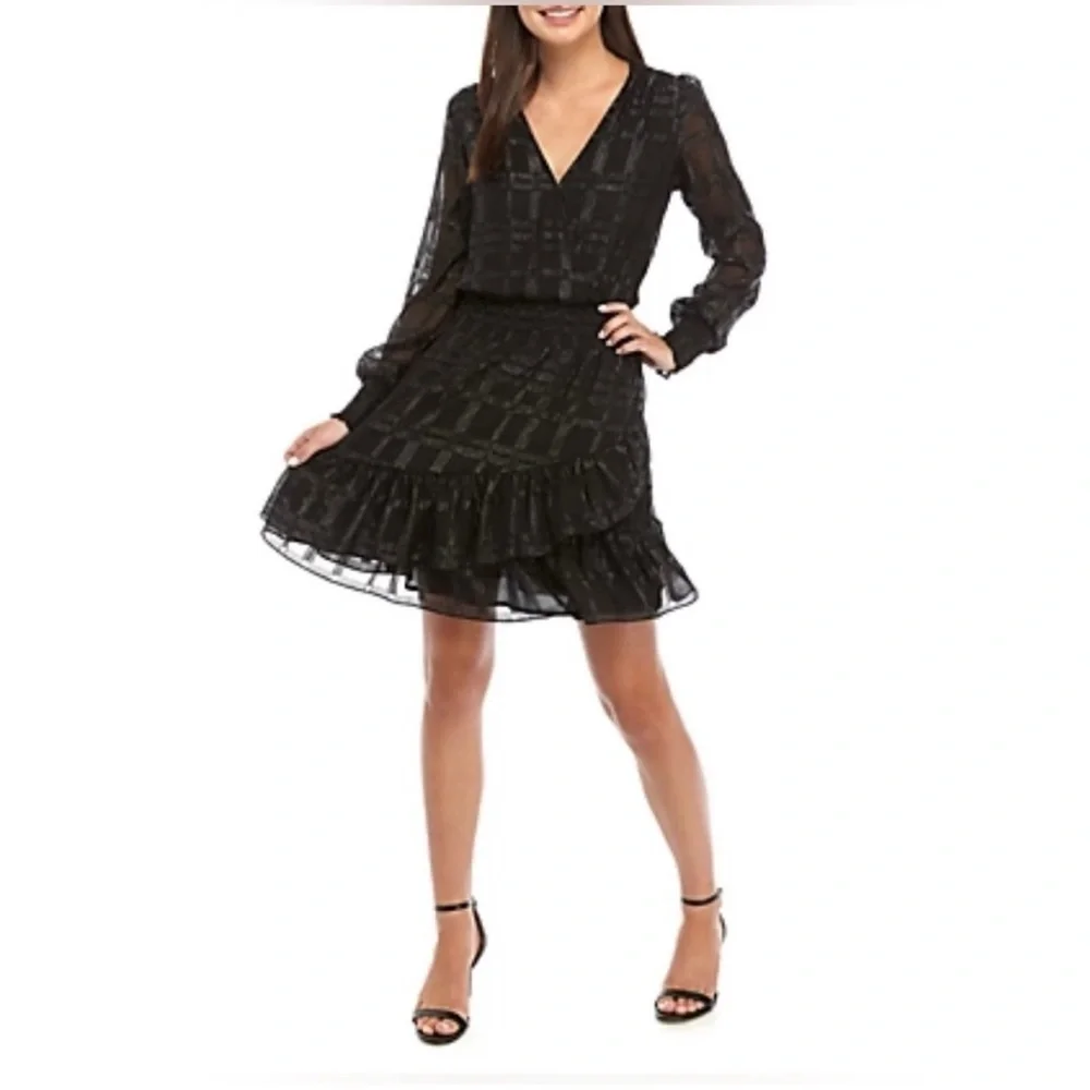 MICHAEL MICHAEL KORS Plaid Metallic Ruffle Dress Size S - Picture 2 of 16